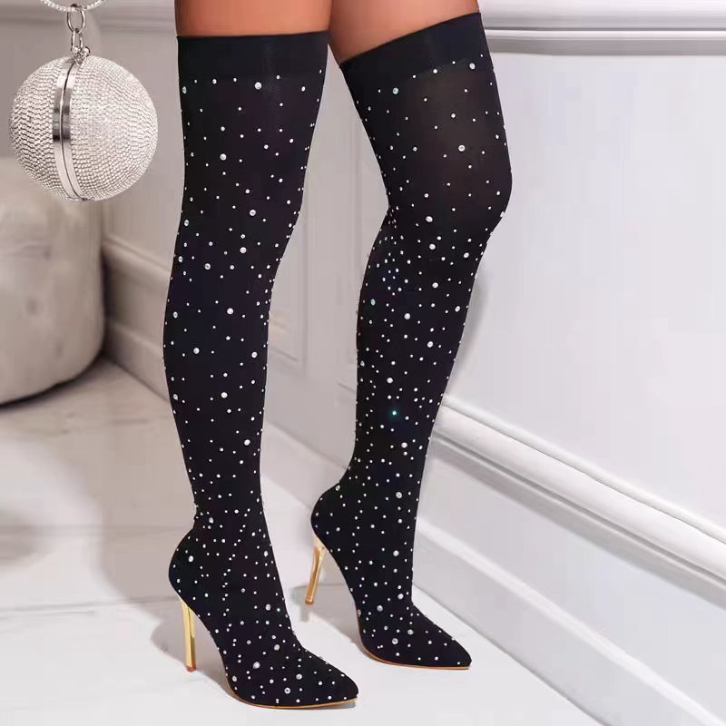 Rhinestone Slim Leg Stretch So - Knee High Sock Women ulasan dan harga