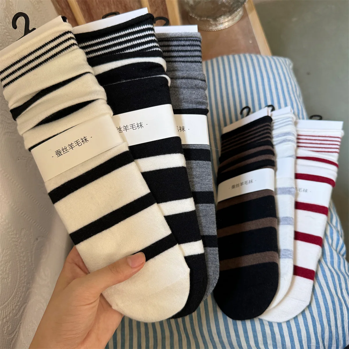 Korean Winter Striped Wool Sil - Silk Sock Bamboo ulasan dan harga